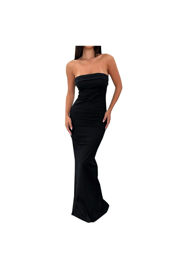 Summer Dresses for Women Summer Bodycon Maxi Tube Dress Ribbed Strapless Side Slit Long Going Out Casual Elegant Party Dresses Full Length Black,S-L