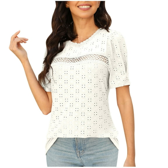 HomeGardon Summer Tops Tops for Women Casual Solid Color Round Eck Hollowed Out Patchwork Short Sleeved Loose T-shirt Top,S-XXL