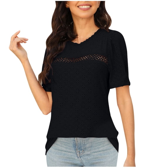 HomeGardon Summer Tops Tops for Women Casual Solid Color Round Eck Hollowed Out Patchwork Short Sleeved Loose T-shirt Top,S-XXL