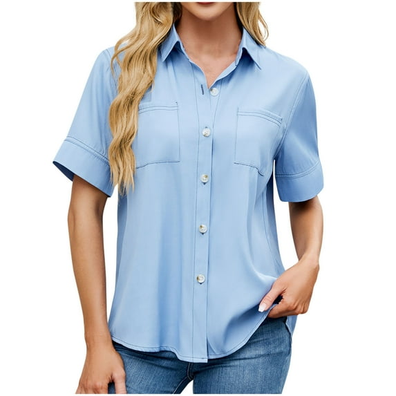HomeGardon Summer Tops Tops for Women Fashion Solid Color Short-sleeved Lapels and One-breasted Jeans Short-sleeved Loose Shirt,S-XXL