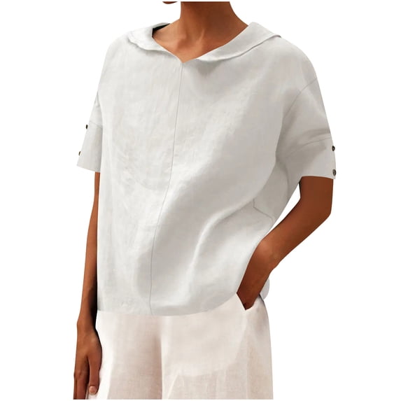 HomeGardon Summer Tops Tops for Women Casual Pullover Solid Color Short Sleeved Button V-neck T-shirt,S-XXXL