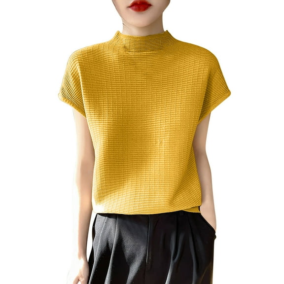 HomeGardon Summer Tops Tops for Women Casual Solid Color Short Sleeved Round Neck Knitted Top,S-XXL