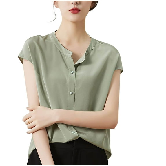 HomeGardon Summer Tops Tops for Women Fashion Solid Color V-Neck Button Short Sleeved Top,S-XXXL