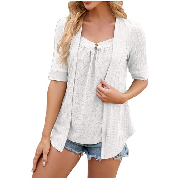 HomeGardon Summer Tops Tops for Women 2025,Women's Solid Color Short-sleeved Fake Two-piece Pullover Top,S-XXL