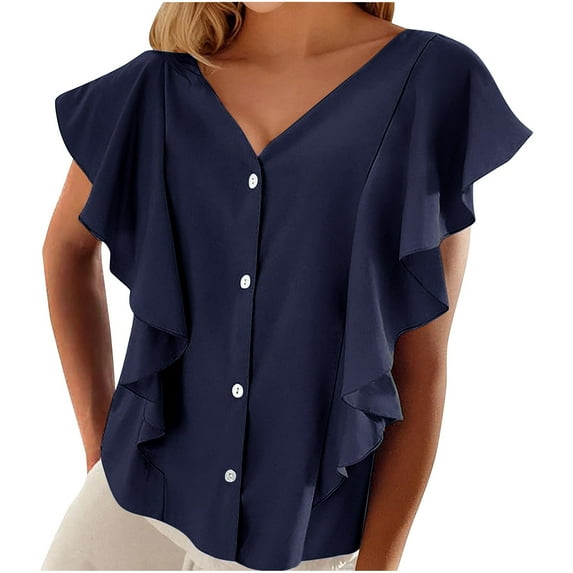HomeGardon Summer Tops Tops for Women Solid Color Casual Fashion Ruffle Short Sleeved V-neck Top/shirt,S-XXL