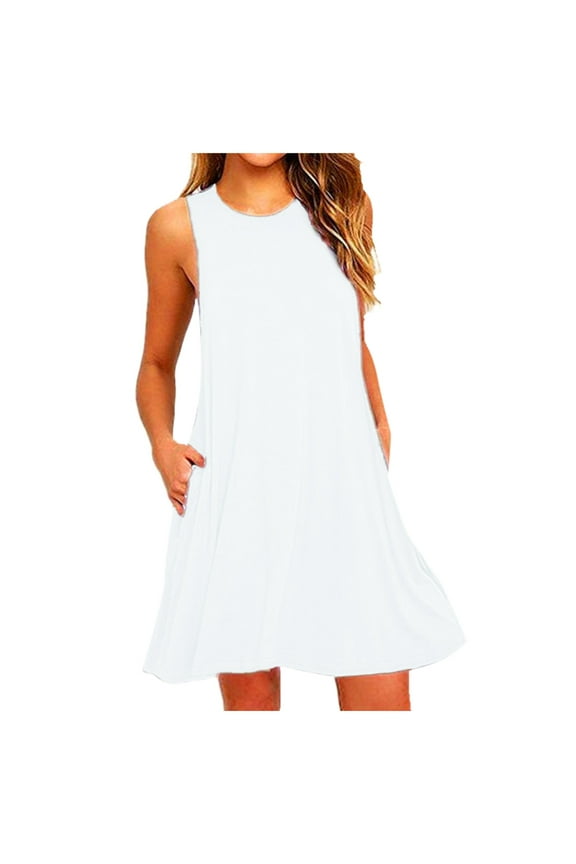 HomeGardon Summer Dresses for Women Sundress Crewneck Spaghetti Strap Casual Loose Fitted Tank Top A-Line Dress Swing Dress with Pockets,White XL