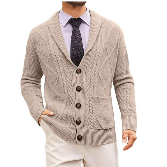 HomeGardon Cardigan Sweaters for Men Solid Color Long Sleeved V-Neck Button Down Collar Slim Knit Sweater,M-XXXL