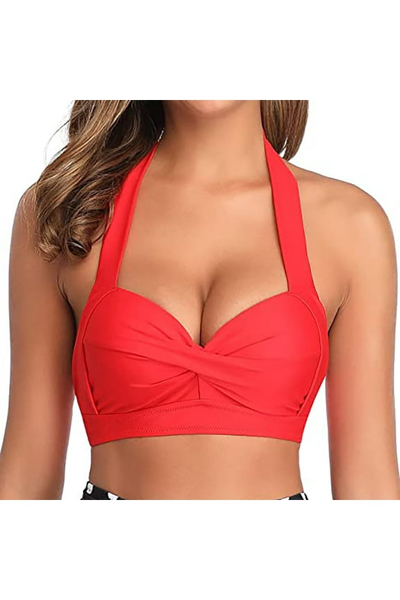 Swim Tops Women Push up Swim Top Clearance Women Bikini Top Push Up Swim Top Halter Retro Bathing Suit Top Padded Swimsuit Top Only