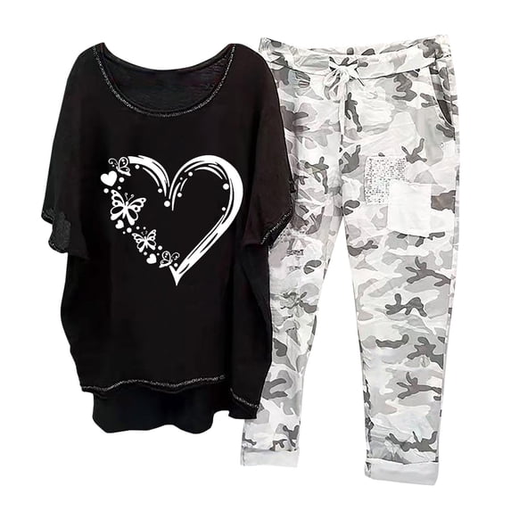 HomeGardon Two Piece Linen Sets for Women Heart Print Plus Size Crewneck Half Sleeve Pullover Shirt Tops and Pants Trousers Set