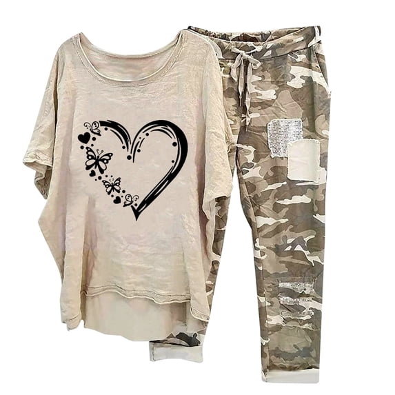 HomeGardon Two Piece Linen Sets for Women Heart Print Plus Size Crewneck Half Sleeve Pullover Shirt Tops and Pants Trousers Set