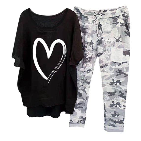 HomeGardon Two Piece Linen Sets for Women Plus Size Print Crewneck Half Sleeve Pullover Shirt Pants Trousers Set