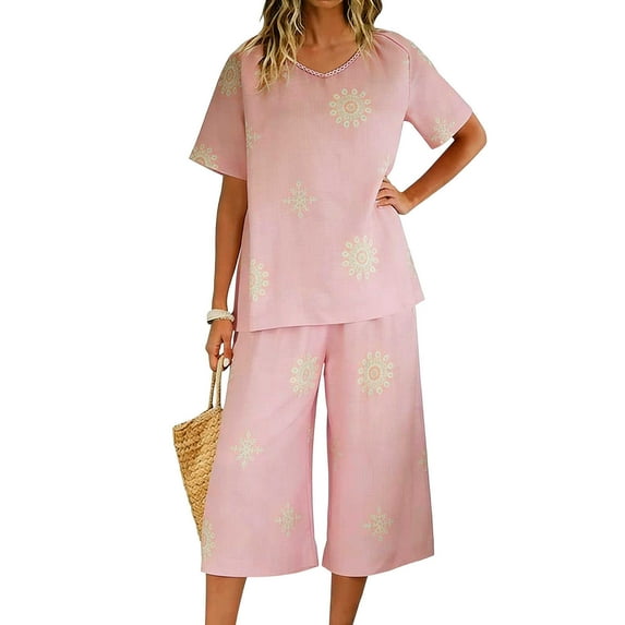 HomeGardon Two Piece Linen Sets for Women Tops Set Vacation Home Linen Printing Short Sleeves and Trousers