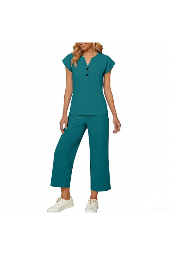 Two Piece Sets for Women Fashion Solid Color Loose Short Sleeve V Neck Trouser Skirt Pocket Shorts Pants Sets