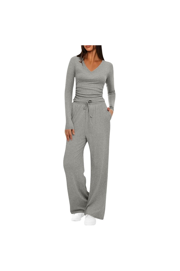 Two Piece Sets for Women Fashion V Neck Solid Ruched Long Sleeve Blouse Long Pants Elastic Waist Sets