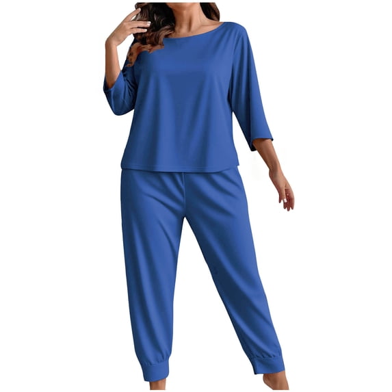 HomeGardon Two Piece Sets for Women Plus Size Fashionable Solid Color Long Sleeved Pants Casual Home Suit Set