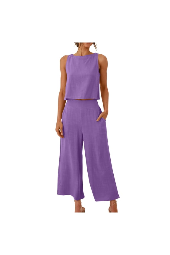 Two Piece Sets for Women Sleeveless Tank Exposed Navel Side Pockets Wide Legs Pants Set Suit