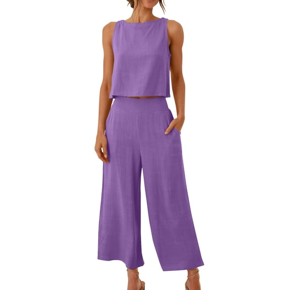 HomeGardon Two Piece Sets for Women Sleeveless Tank Exposed Navel Side Pockets Wide Legs Pants Set Suit