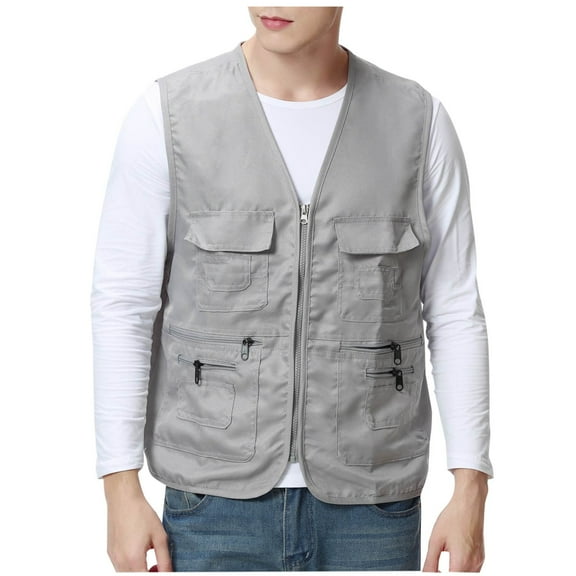 HomeGardon Vest for Men Cargo Vest Men Men Solid-Color Convenient Workwear Outdoor Zipper Multi-Pocket V-Neck Tank,L-XXXXL