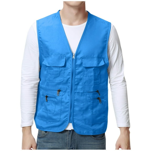 HomeGardon Vest for Men Cargo Vest Men Men Solid-Color Convenient Workwear Outdoor Zipper Multi-Pocket V-Neck Tank,L-XXXXL