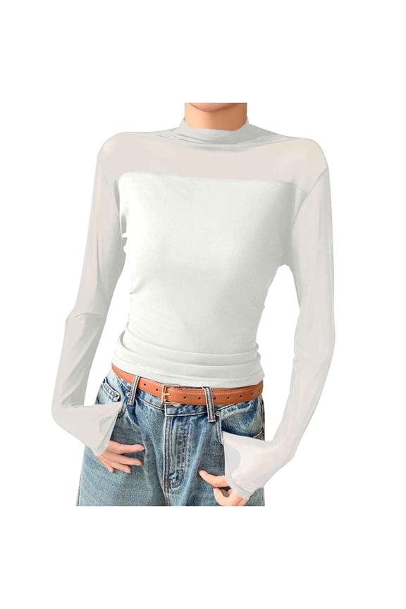 Women Blouses Womens Long Sleeve Tops Half High Collar Lace Double-layer Mesh Base Shirt for Women Long Sleeved T-shirt Slim for Women,M-XL