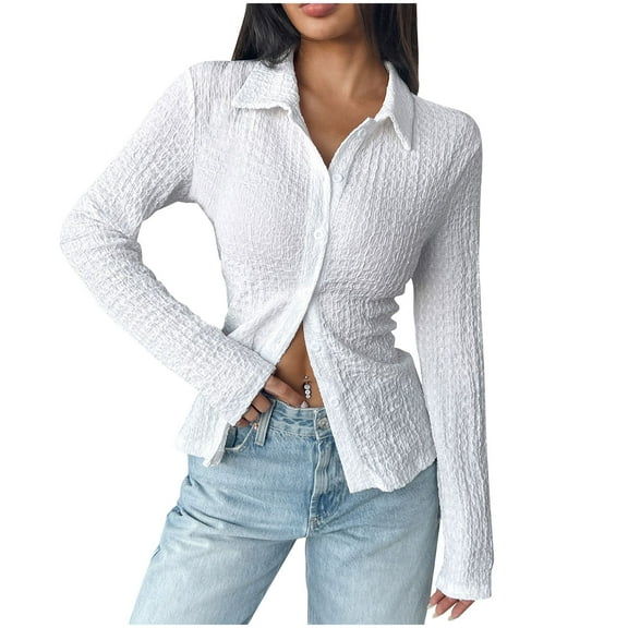 HomeGardon Women Blouses Womens Long Sleeve Tops Ladies' Casual Solid Color Texture Cardigan Long Sleeved Shirt,S-XXL