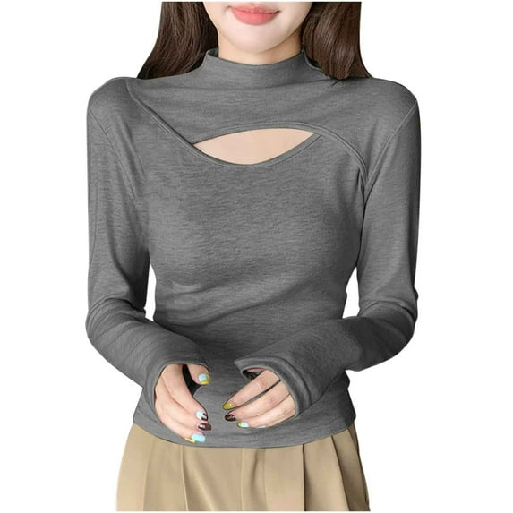 HomeGardon Women Blouses Womens Long Sleeve Tops Splicing and Digging Holes with Caution Base Shirt for Women Half High Neck Hollowed Out Long Sleeved,M-XXL