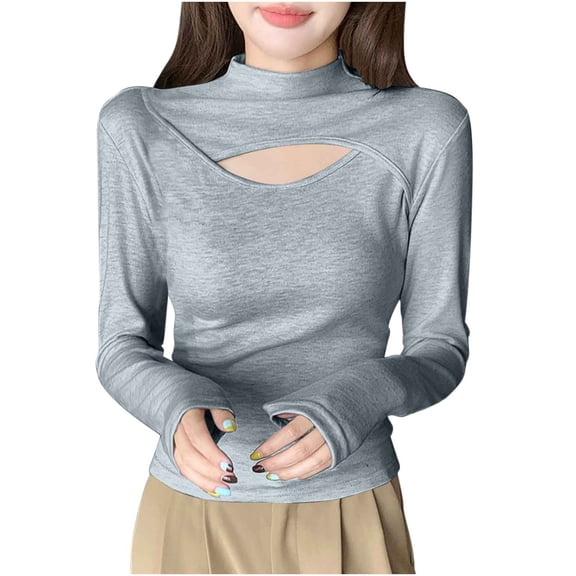 HomeGardon Women Blouses Womens Long Sleeve Tops Splicing and Digging Holes with Caution Base Shirt for Women Half High Neck Hollowed Out Long Sleeved,M-XXL