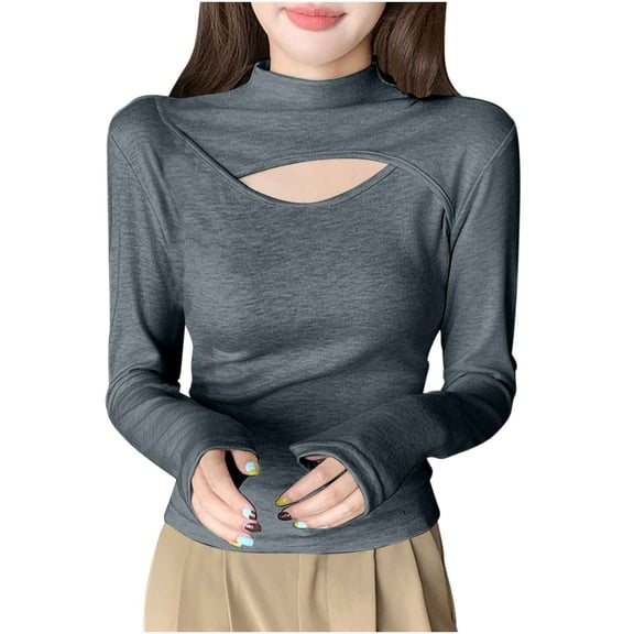 HomeGardon Women Blouses Womens Long Sleeve Tops Splicing and Digging Holes with Caution Base Shirt for Women Half High Neck Hollowed Out Long Sleeved,M-XXL