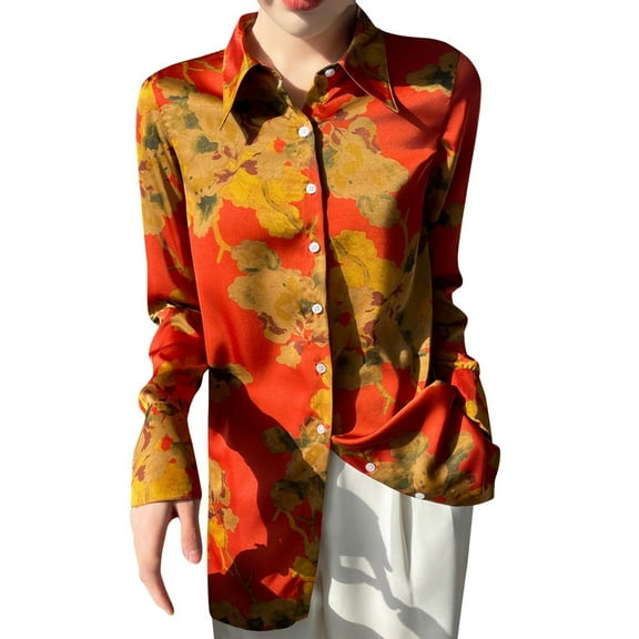 HomeGardon Women Blouses Womens Long Sleeve Tops Women's Long Sleeved Satin Lapel Shirt Solid Color Fashion Shirt,M-XXL
