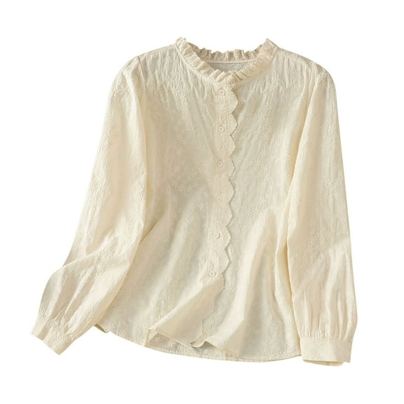 HomeGardon Women Blouses Womens Long Sleeve Tops Women's Long Sleeve Lace Collar Embroidery Solid Color Loose Shirt,M-XXL