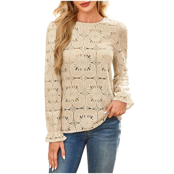 HomeGardon Women Blouses Womens Long Sleeve Tops Women's Solid Color Lace Hollow Out Long Sleeved Round Neck Fashionable,S-XXL