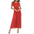 thumbnail image 1 of HomeGardon Women Dress Summer Dress for Women Vintage Polka Dot Ruffle Short Sleeves Crew Neck Casual Flowy Midi Dress with Belt Women Beach Bandage Long Maxi Dress Red,S-2XL, 1 of 6