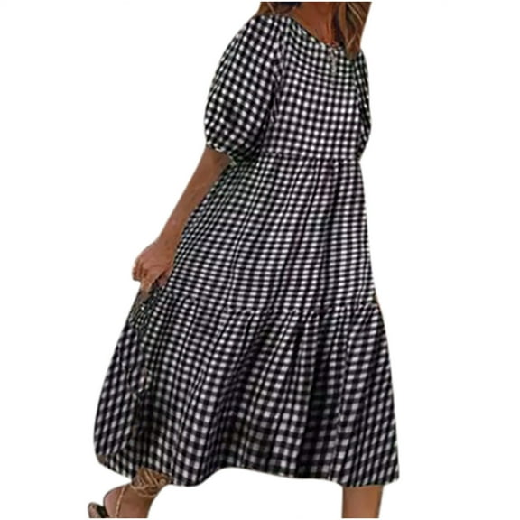 HomeGardon Women Dress Women Plus Size Smocked Dress Scoop Neck Lantern Short Sleeve High Waist Tiered Casual Summer Ruffle Midi Dress Plaid Pullover Dress Yellow,S-5XL