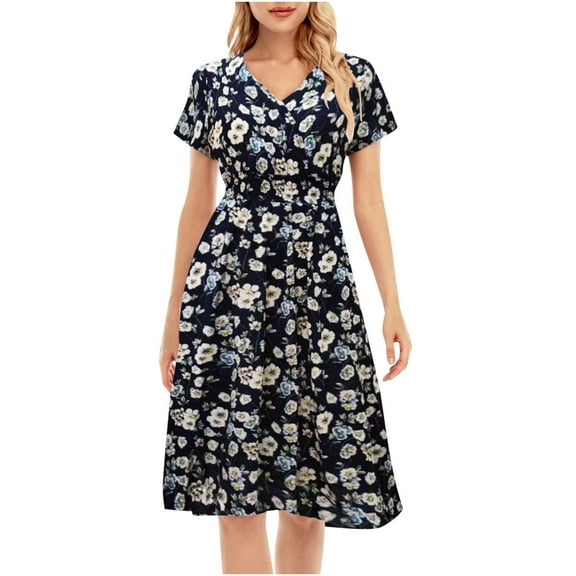 HomeGardon Women Dress Women's Floral Wrap V-Neck Midi Dress Short Sleeve Boho Summer Beach Long Dress High Low Hem Elastic Waist Smocked Dress Navy,S-XXL