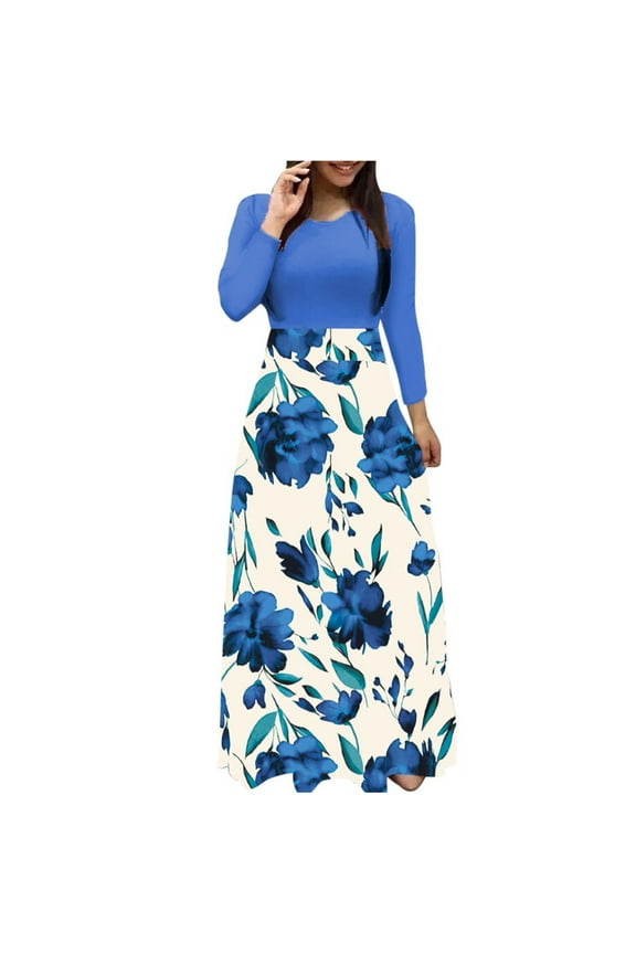 Women Dress Women's Long Sleeve Maxi Dresses Casual Empire Waist Long Dress with Pockets Women Summer Floral Printed Casual Patchwork Dress Maxi Dress Multicolor,S-XXL