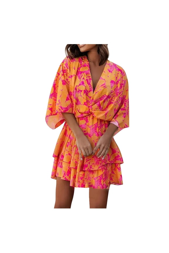 Women Dress Women's Summer Dresses Casual Puff 3/4 Sleeve Deep V Neck Floral Print Boho Ruffle Layered A-Line Mini Party Dress Black,S-XXL