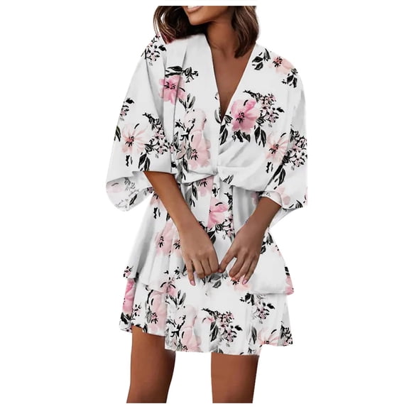 HomeGardon Women Dress Women's Summer Dresses Casual Puff 3/4 Sleeve Deep V Neck Floral Print Boho Ruffle Layered A-Line Mini Party Dress Black,S-XXL