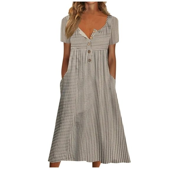 HomeGardon Women Dress Women's Summer Striped Short Sleeve Long Dress Ankle Length,Women V Neck Button Down Collared Side Slit Casual Beach Maxi Dresses Blue,S-XXXL