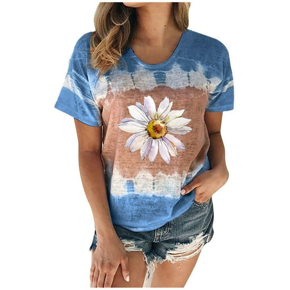 HomeGardon Women Shirts Womens Summer Tunics Tops Short Sleeve Casual Boho T-Shirts V Neck Loose Comfy Tee Floral Printed Lightweight Cute Blouse Black,S-XXL