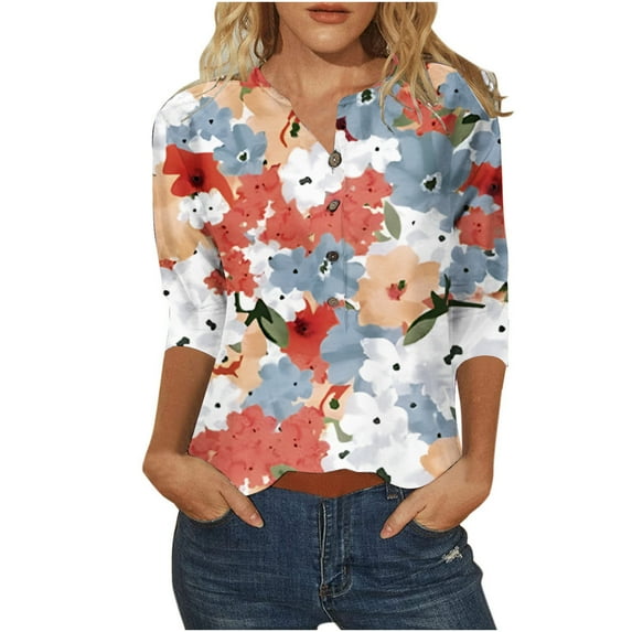 HomeGardon Women Shirts 3/4 Length Sleeve Womens Tops Casual Loose Fit Crewneck T Shirts, Women's Button Vintage Gradient Print Cute Three Quarter Length Tunic Tops Qrange,S-XXL