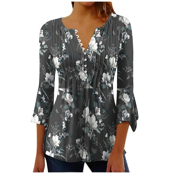 HomeGardon Women Shirts Summer Clearance! 3/4 Sleeve Shirts for Women, Bell V Neck Graphic T Shirts Button Pleated Boho Tops Elegant Vintage Floral Print Business Blouse Plus Size Black,S-5XL