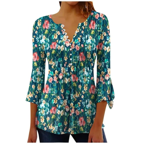 HomeGardon Women Shirts 3/4 Sleeve Shirts for Women, Bell V Neck Graphic T Shirts Button Pleated Boho Tops Elegant Vintage Floral Print Business Blouse Plus Size Black锛孲-5XL