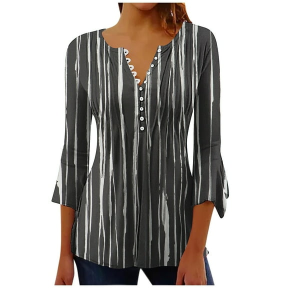 HomeGardon Women Shirts 3/4 Sleeve Shirts for Women, Bell V Neck Graphic T Shirts Button Pleated Boho Tops Elegant Vintage Floral Print Business Blouse Plus Size Black锛孲-5XL