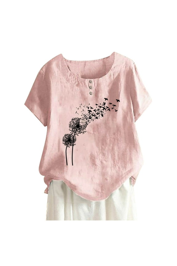 Women Shirts Fashion Women's Cotton Linen Embroidered Plain Tunic Tops for Summer Fall Spring, Simple Elegant Dressy Blouse Casual Embroidery Solid Shirt Pink锛孧-3XL