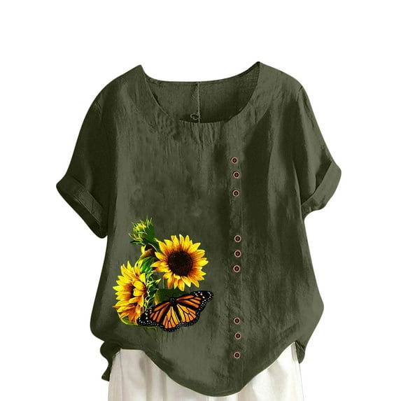 HomeGardon Women Shirts Summer Clearance! Half Rolled Sleeve Crewneck Tunic Top for Plus Size Women, Cotton and Linen Button Decor Irregular Hem Floral Printed Blouse Shirt Light Blue,S-XXXXXL