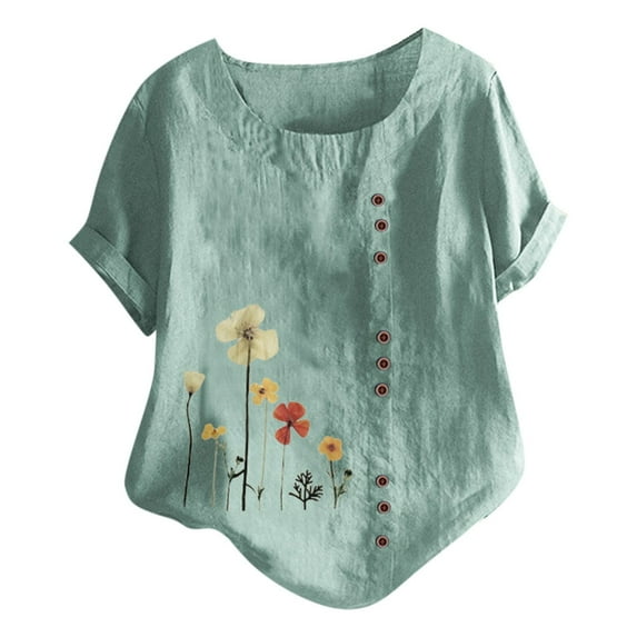 HomeGardon Women Shirts Half Rolled Sleeve Crewneck Tunic Top for Plus Size Women, Cotton and Linen Button Decor Irregular Hem Floral Printed Blouse Shirt Navy,S-XXXXXL