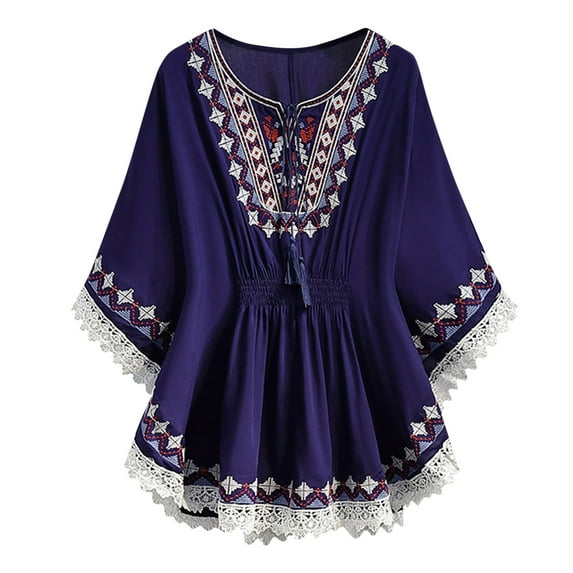 HomeGardon Women Shirts Traditional Mexican Embroidered Peasant Tops for Women, Plus Size Vintage Floral Tunic Shirts Waist Drawstring, Flowers Embroidery Blouses Navy,S-5XL
