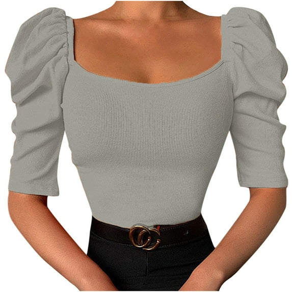 HomeGardon Women Shirts Summer Clearance! Women's Puff Short Sleeve Sweater Tops 2024 Spring Summer Trendy Crew/Square/V Neck Casual Solid Knitted Pit-strip T Shirts Blouses Orange S-XXL