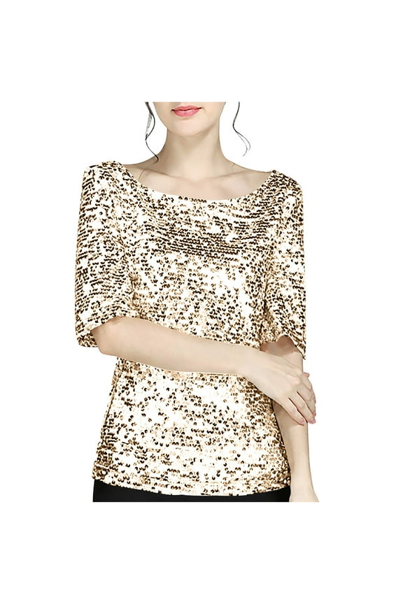Women Shirts Women鈥檚 Sequin Tops Glitter U Neck Crew Neck Casual Loose Fit Summer Shirt Half Sleeve Sparkly Disco Party Plus Size Tunic Blouses Black,S-5XL