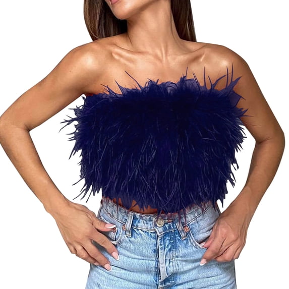 HomeGardon Women Shirts Women's Sexy Strapless Feather Tulle Crop Top Elegant Mesh Pleated Tube Tops Off Shoulder Bustier for Party Clubwear Y2K Navy,S-XXL